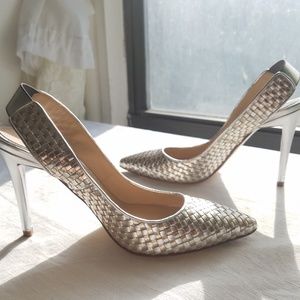 Metallic two-tone woven Italian leather slingbacks